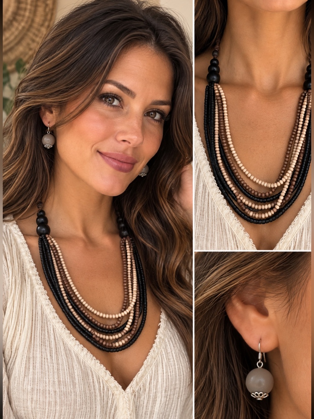 Handmade Multistrand Boho Beaded Necklace in Black and Taupe With Earrings
